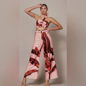 NWT Pink Tropical Print Halter Top & High Waisted Pant Set w/ Matching Belt